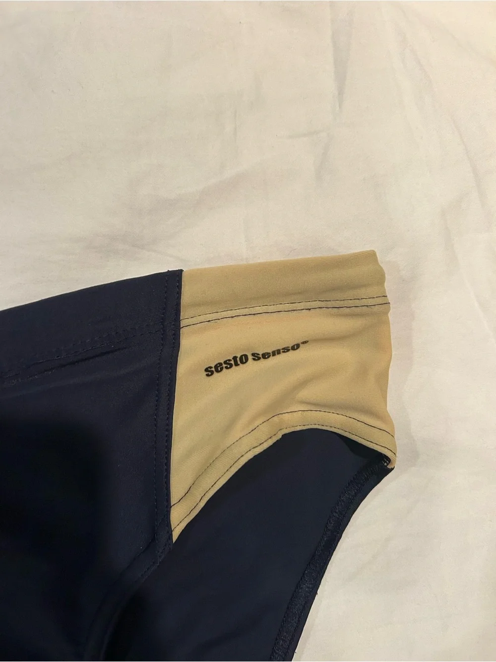 Men's Navy and Tan Swim Trunks with Contrast Panels